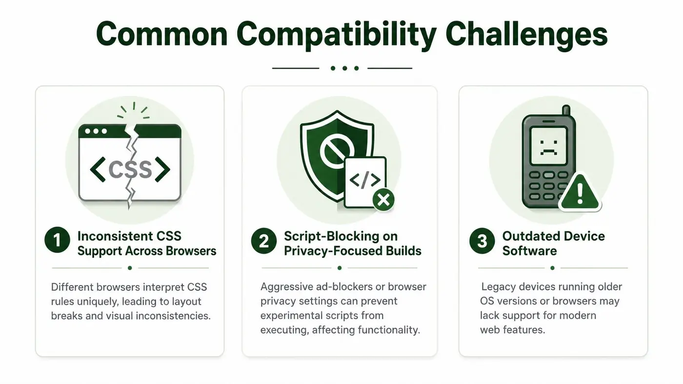 A graphic showing three common web compatibility challenges regarding browser CSS, script-blocking, and outdated device software.