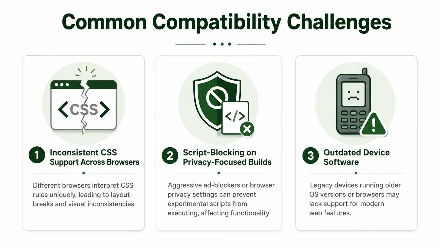 A graphic showing three common web compatibility challenges regarding browser CSS, script-blocking, and outdated device software.