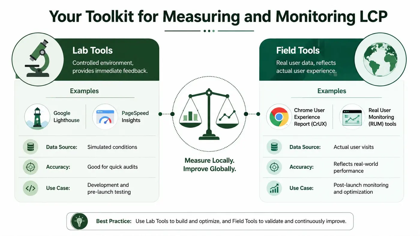 A comparison chart showing lab tools versus field tools for measuring and monitoring Largest Contentful Paint performance.
