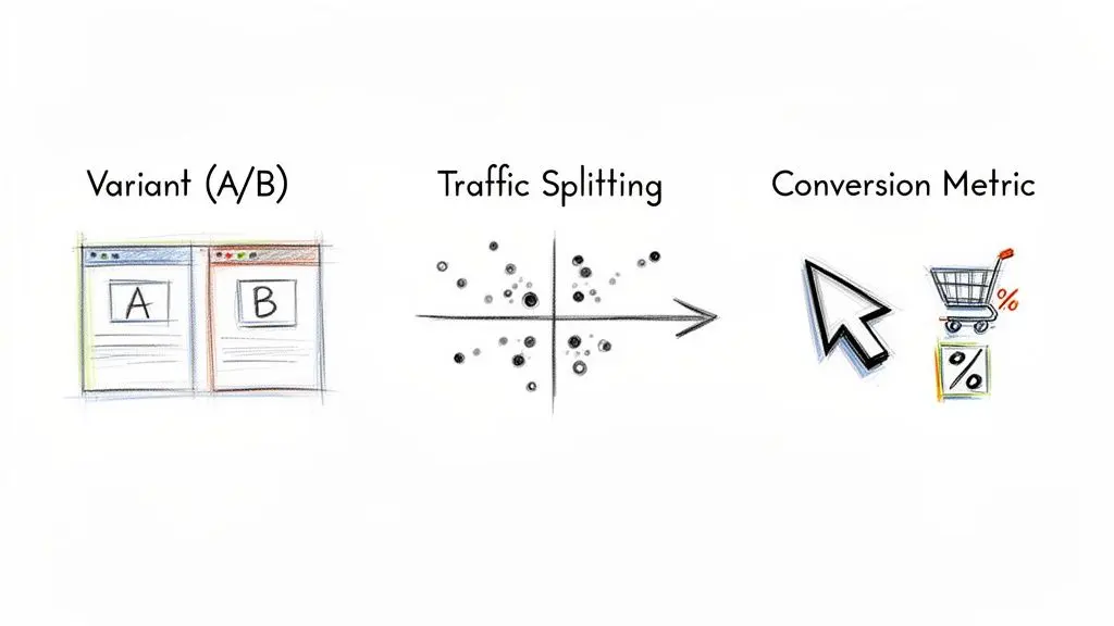 Illustration showing the process of A/B testing with variants A/B, traffic splitting, and conversion metrics.