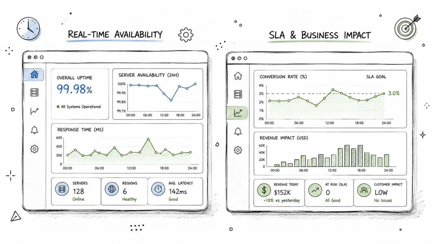 A hand-drawn digital dashboard interface illustrating real-time uptime monitoring, server availability, conversion rates, and business revenue impact metrics.