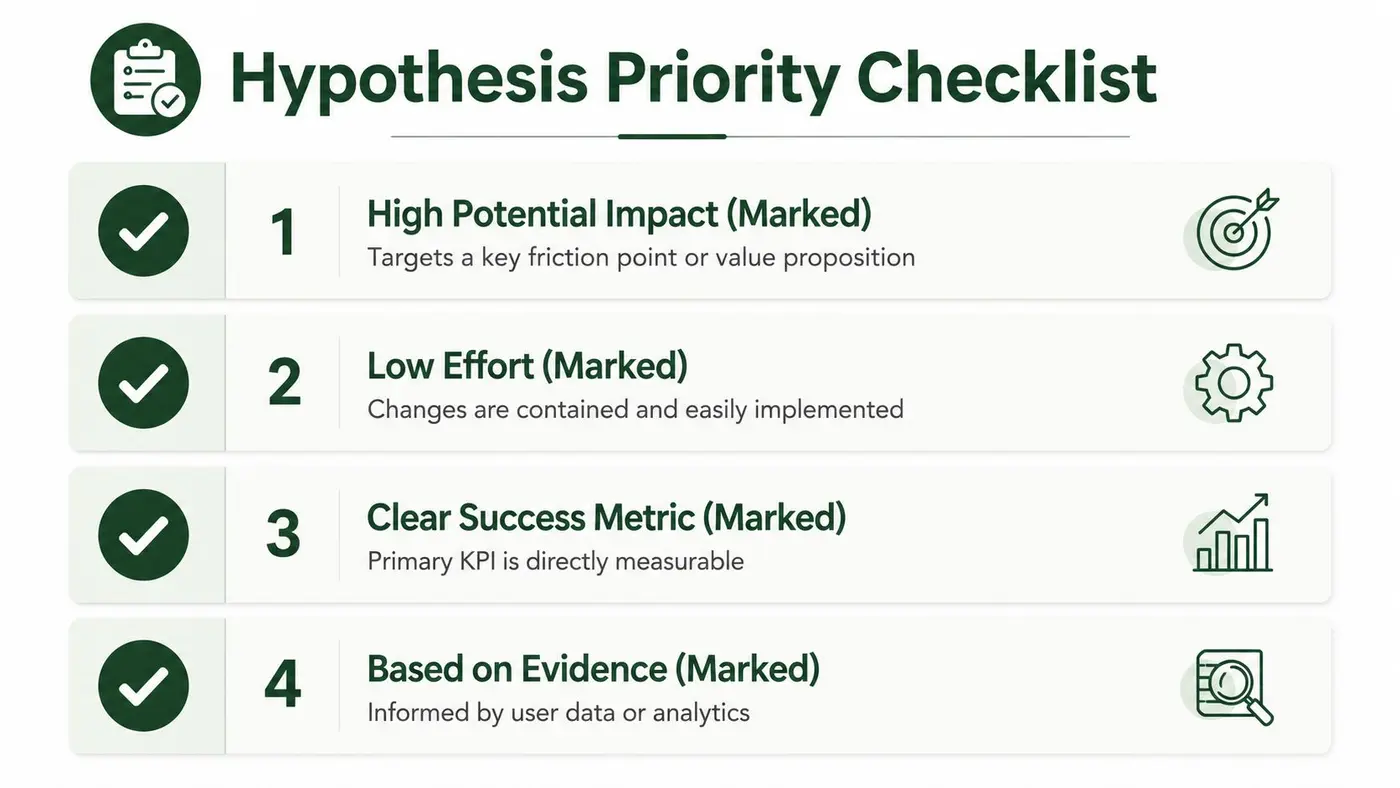 A checklist graphic titled Hypothesis Priority Checklist containing four points for evaluating business testing ideas.