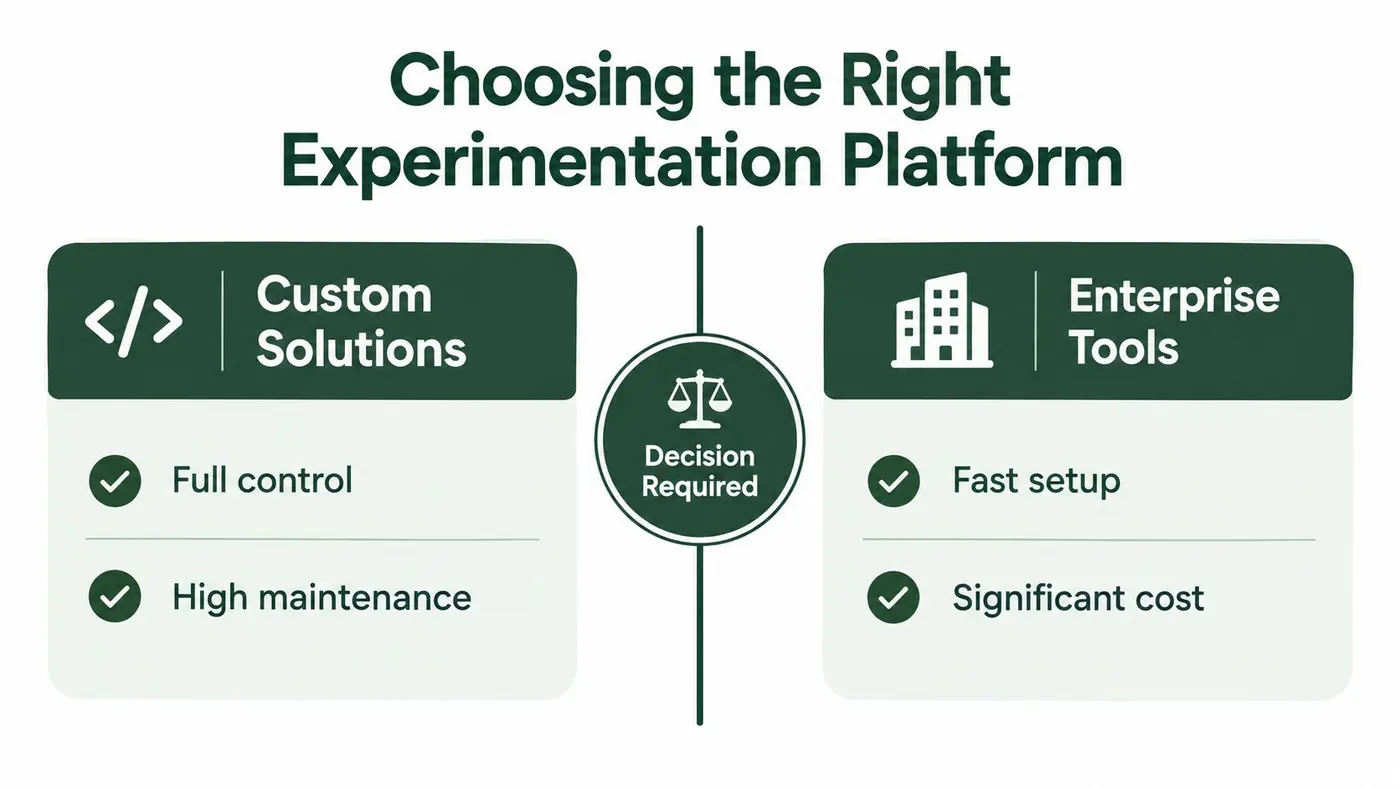 A comparison chart showing the trade-offs between custom solutions and enterprise tools for A/B testing platforms.