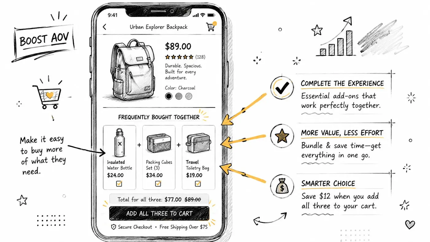A hand-drawn sketch of a mobile shopping app interface displaying a frequently bought together product bundle.