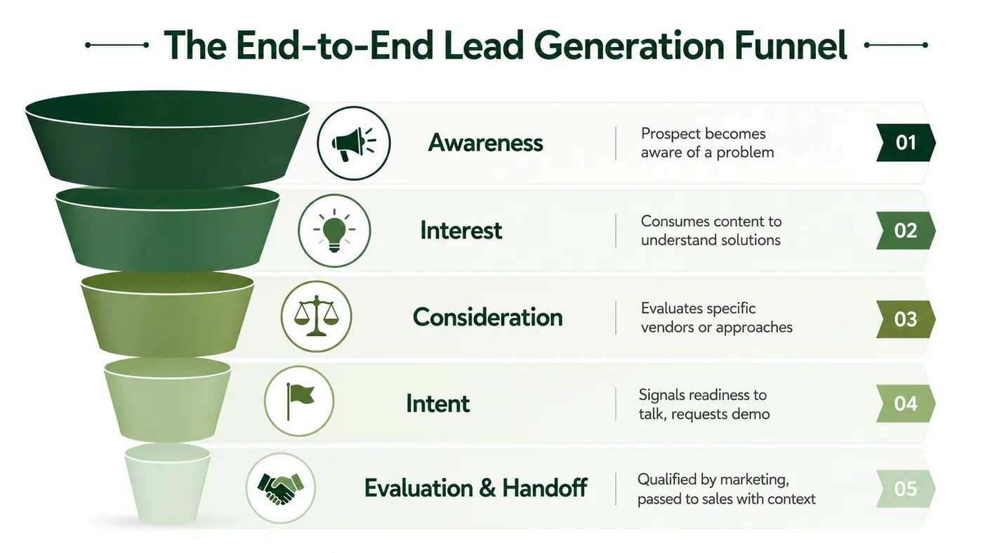 A diagram illustrating the five stages of an end-to-end lead generation funnel for sales and marketing.
