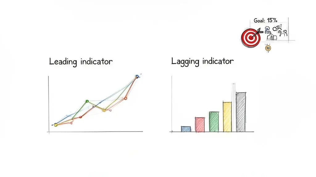 Illustration contrasting leading and lagging indicators with line and bar graphs, alongside a goal target.