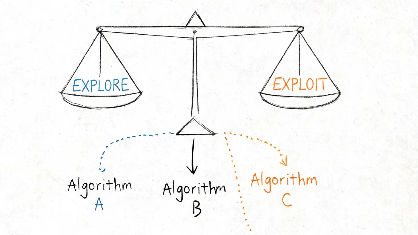 A conceptual sketch of a balance scale representing the explore versus exploit trade-off in machine learning.