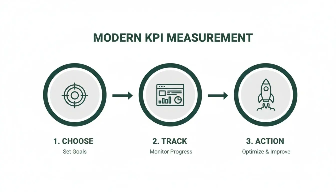 Infographic showing a three-step modern KPI measurement process: set goals, track progress, and take action.