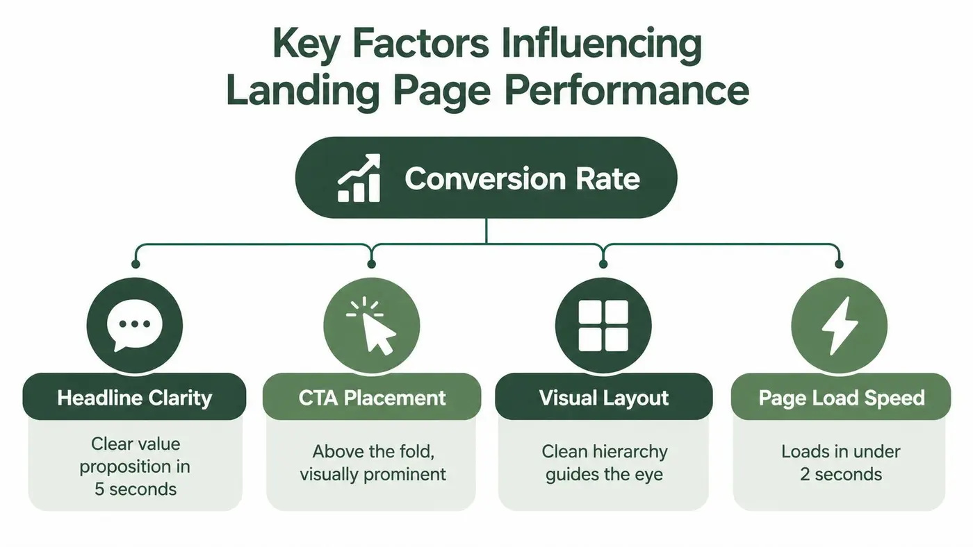 A diagram illustrating the four key factors influencing landing page conversion rates: headline clarity, CTA placement, visual layout, and speed.