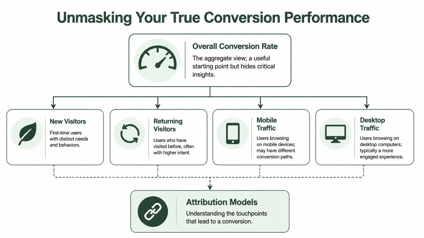 A diagram illustrating the breakdown of conversion performance analysis by user type and device traffic segments.