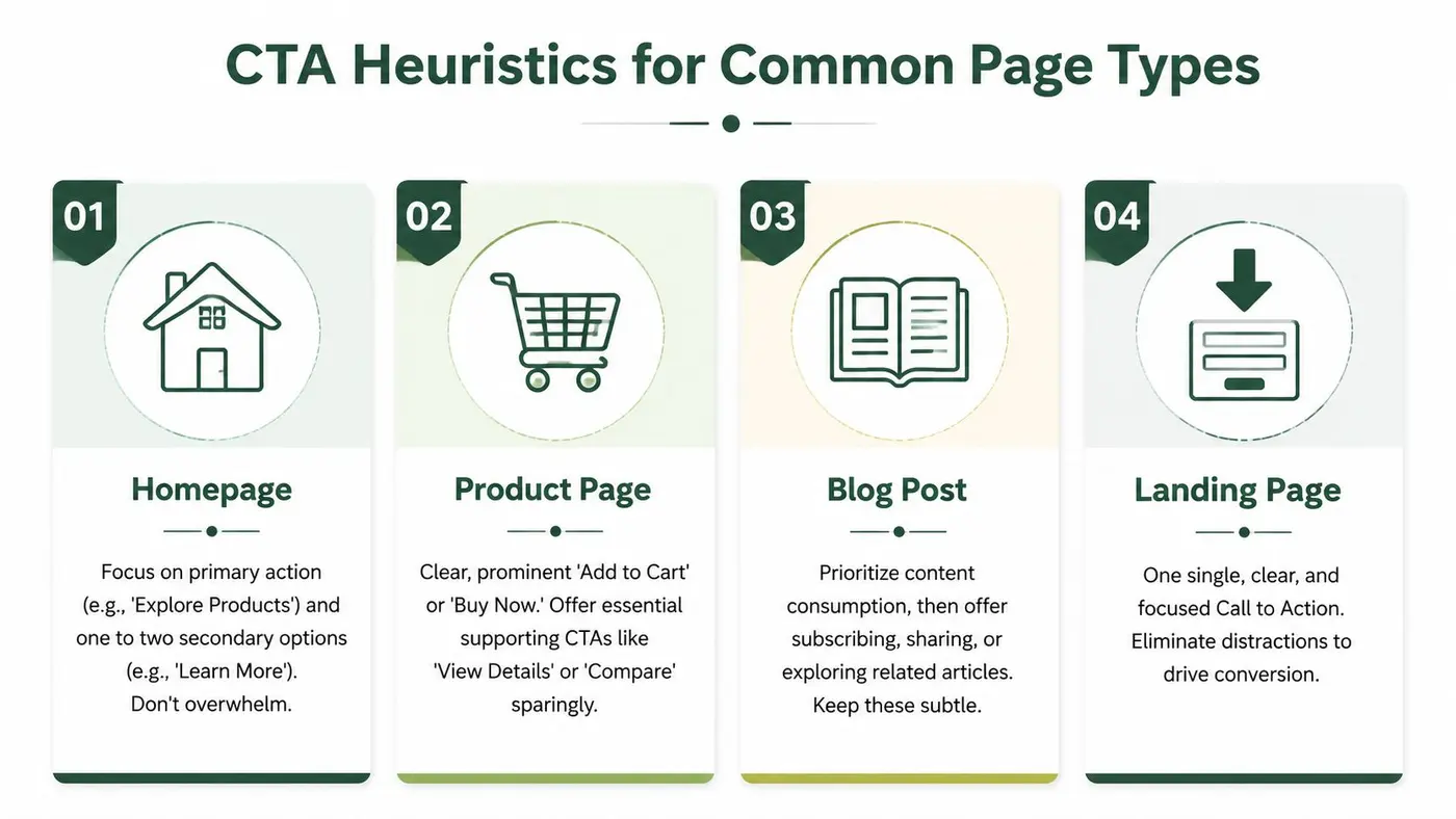 An infographic titled CTA Heuristics for Common Page Types, detailing best practices for four different web pages.