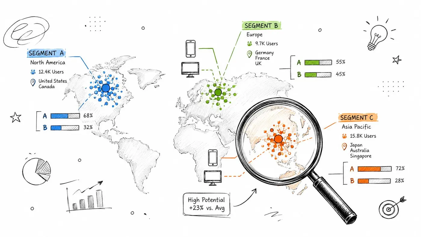 A hand-drawn illustration showing global market segments A, B, and C with user statistics and A/B testing data.