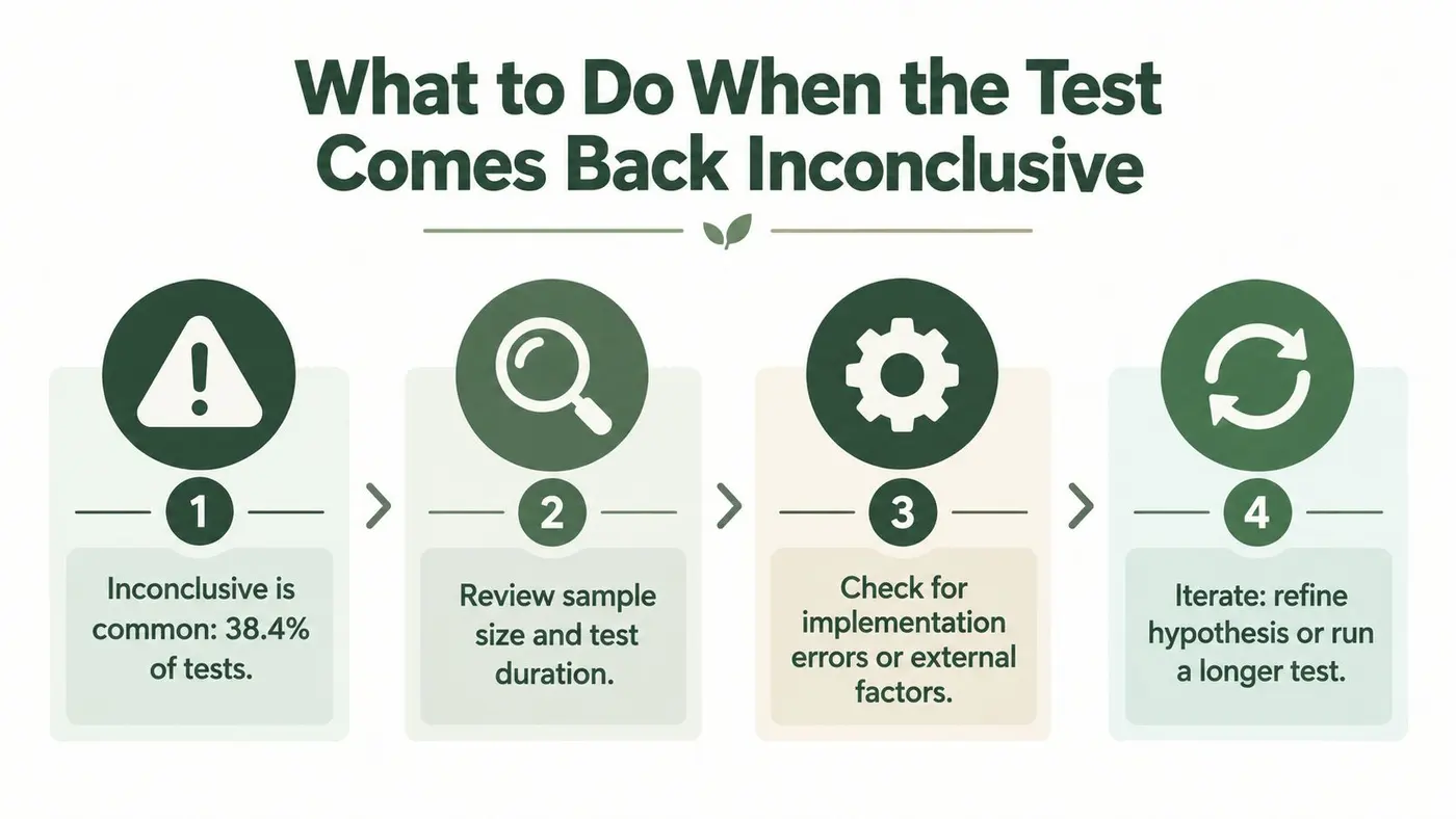 A four-step infographic showing how to proceed when A/B testing results are inconclusive.