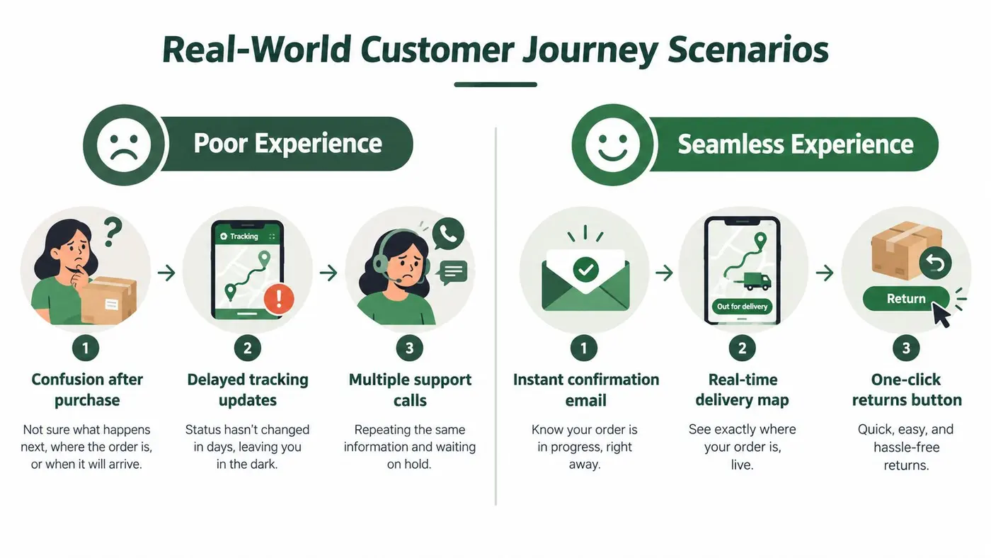 A comparison chart showing the differences between a poor and a seamless post-purchase customer experience.
