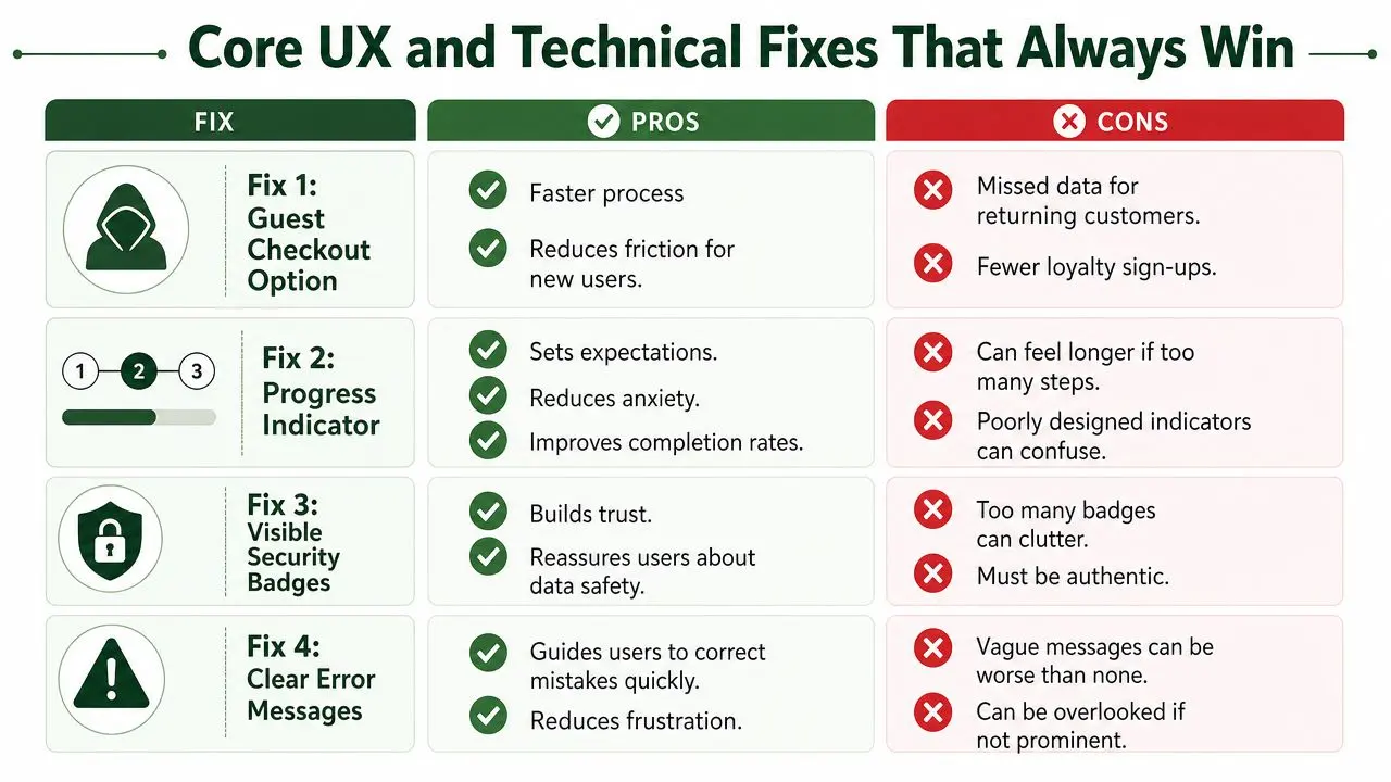 A chart detailing four key UX and technical improvements for e-commerce checkout processes with their pros and cons.