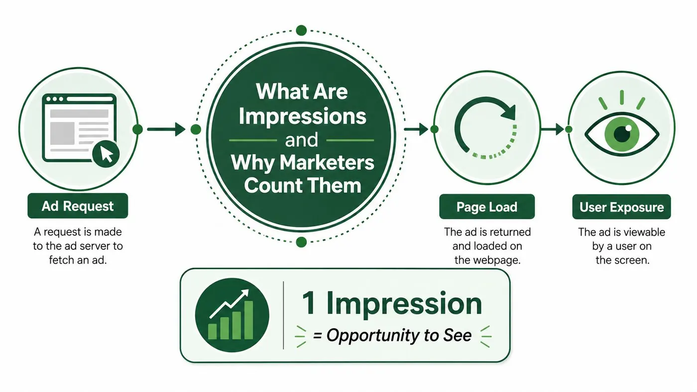 A diagram illustrating the digital advertising process from ad request to user exposure as an impression.
