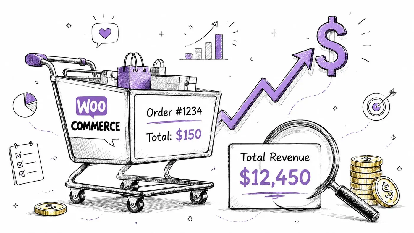 A hand-drawn illustration showing a WooCommerce shopping cart, sales growth chart, and total revenue dashboard.