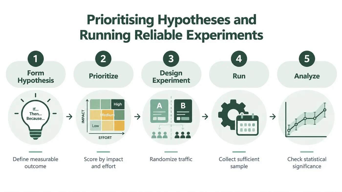 A five-step infographic showing the process of prioritizing hypotheses and conducting reliable A/B testing experiments.