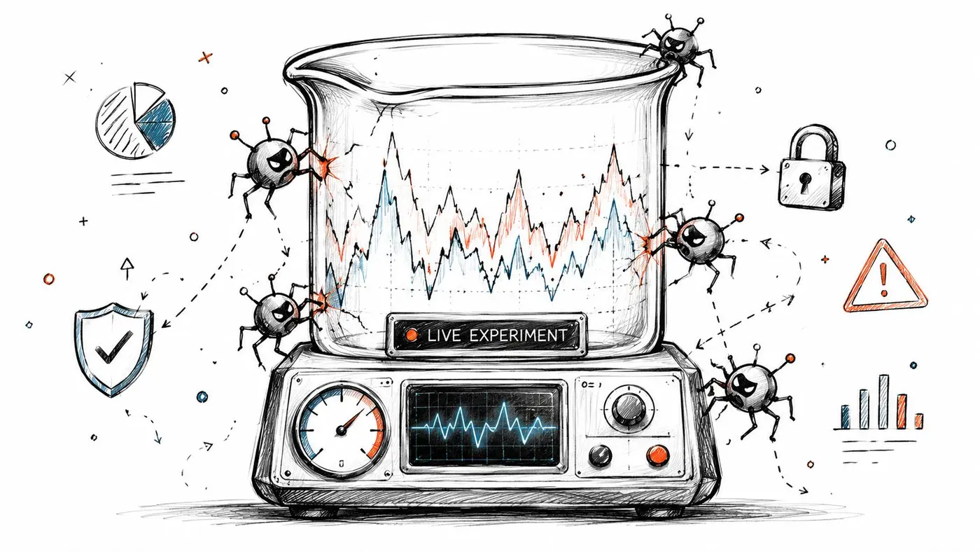 A digital illustration showing a scientific beaker under attack by viruses, symbolizing threats to experimental data integrity.