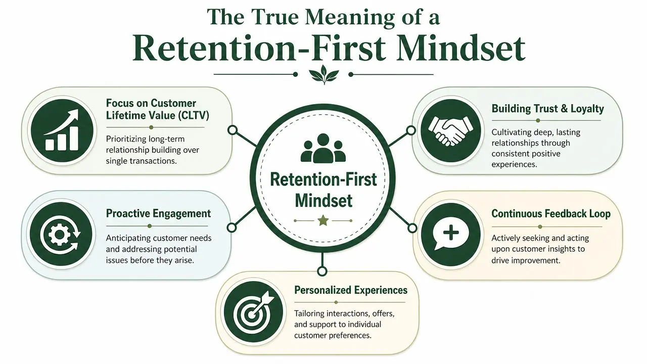 A diagram illustrating the core pillars of a customer retention-first mindset for improved business growth and loyalty.