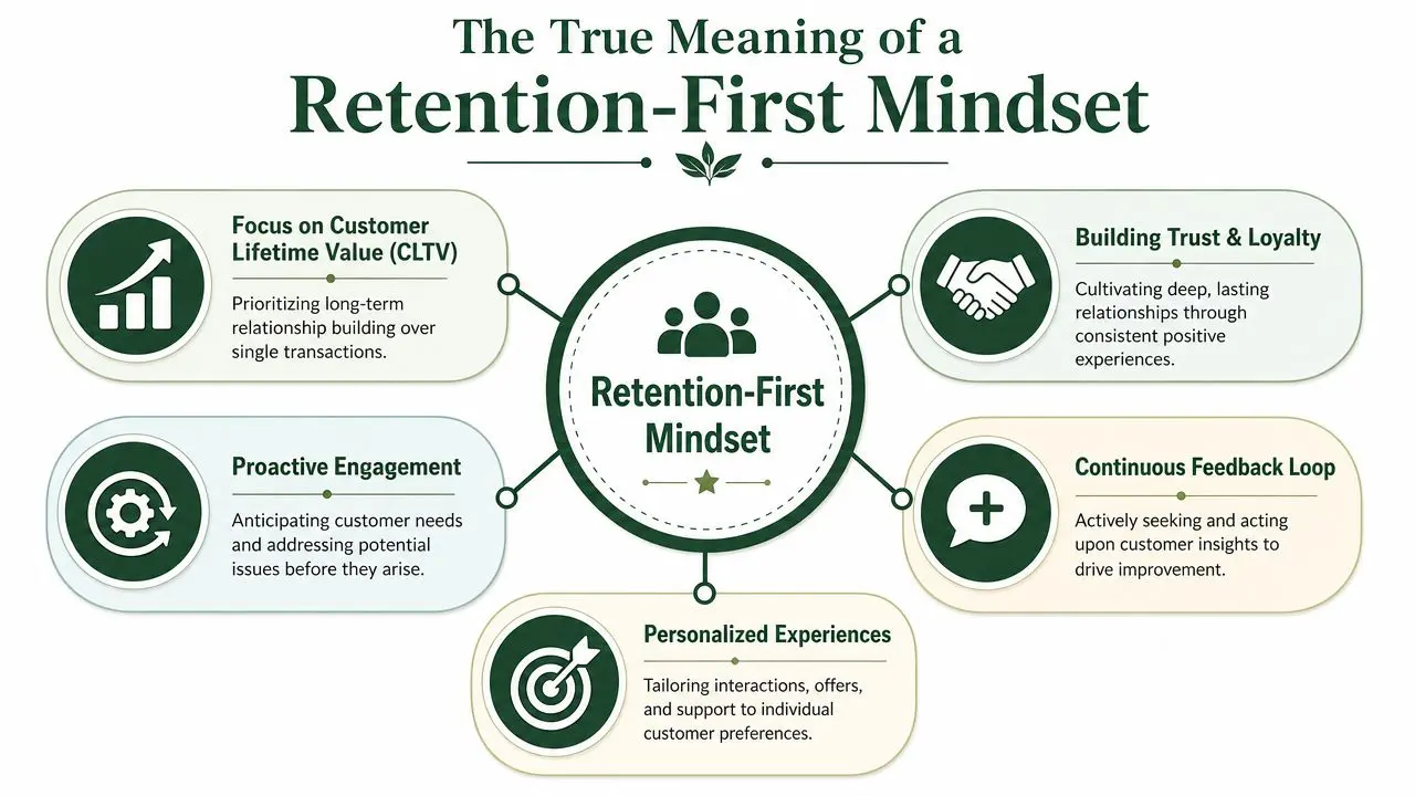 A diagram illustrating the core pillars of a customer retention-first mindset for improved business growth and loyalty.