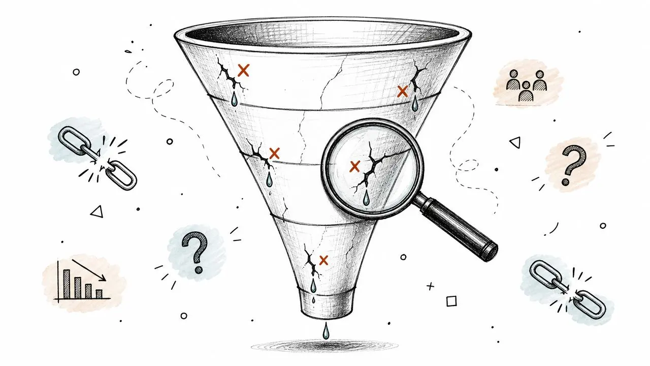 A hand-drawn funnel illustration showing leaks, cracks, and a magnifying glass, symbolizing e-commerce conversion funnel issues.