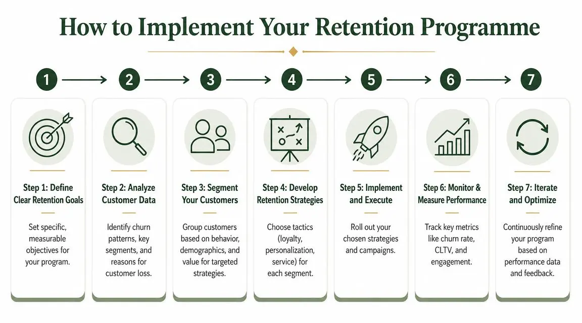 A seven-step flowchart infographic explaining the structured process for implementing a successful customer retention programme.