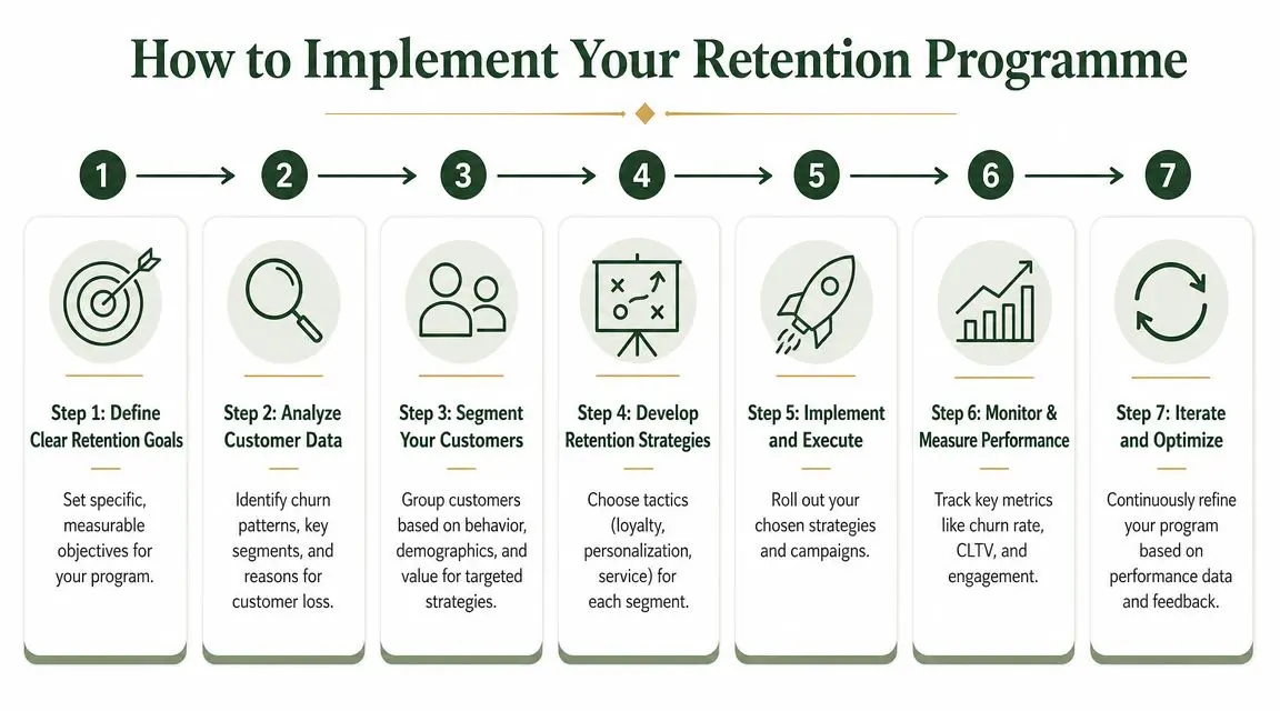 A seven-step flowchart infographic explaining the structured process for implementing a successful customer retention programme.