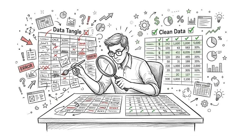 An illustration of a man examining spreadsheet data to transform messy errors into clean, organized information.