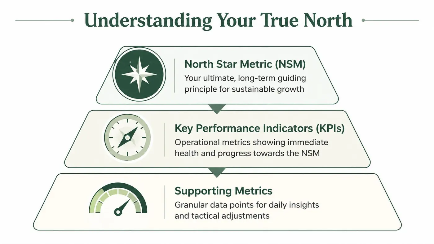 A hierarchical diagram explaining the relationship between North Star Metrics, KPIs, and Supporting Metrics for business growth.
