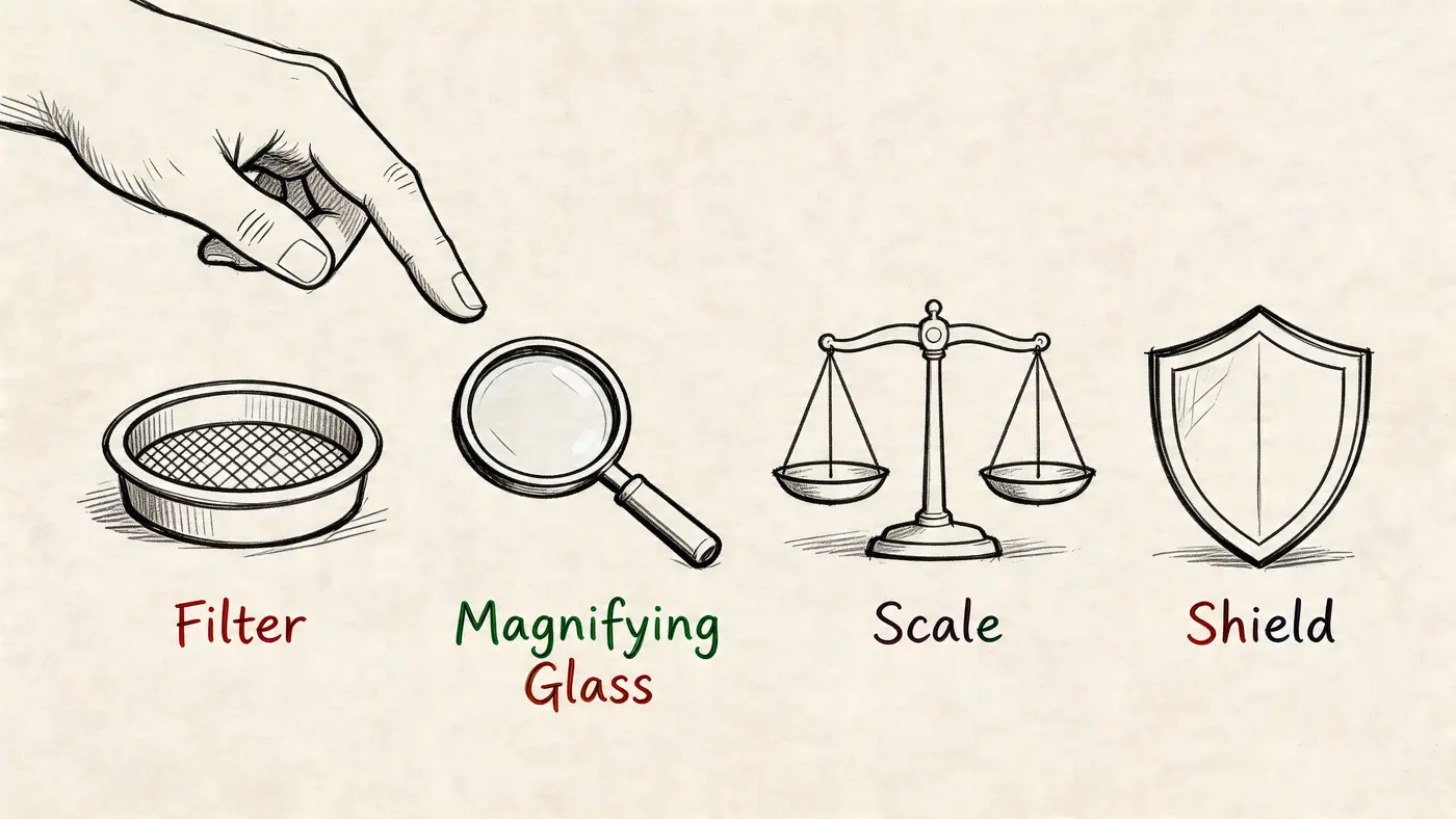 A hand pointing to a series of icons representing filter, magnifying glass, scale, and shield on paper.