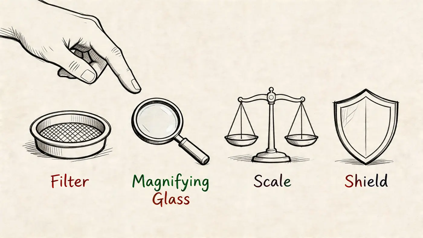 A hand pointing to a series of icons representing filter, magnifying glass, scale, and shield on paper.
