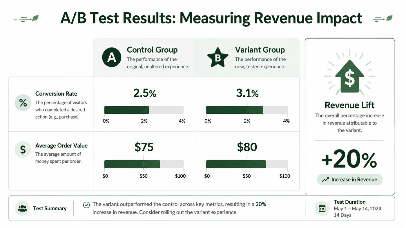 A comparison infographic showing A/B test results for conversion rate and average order value, yielding revenue lift.