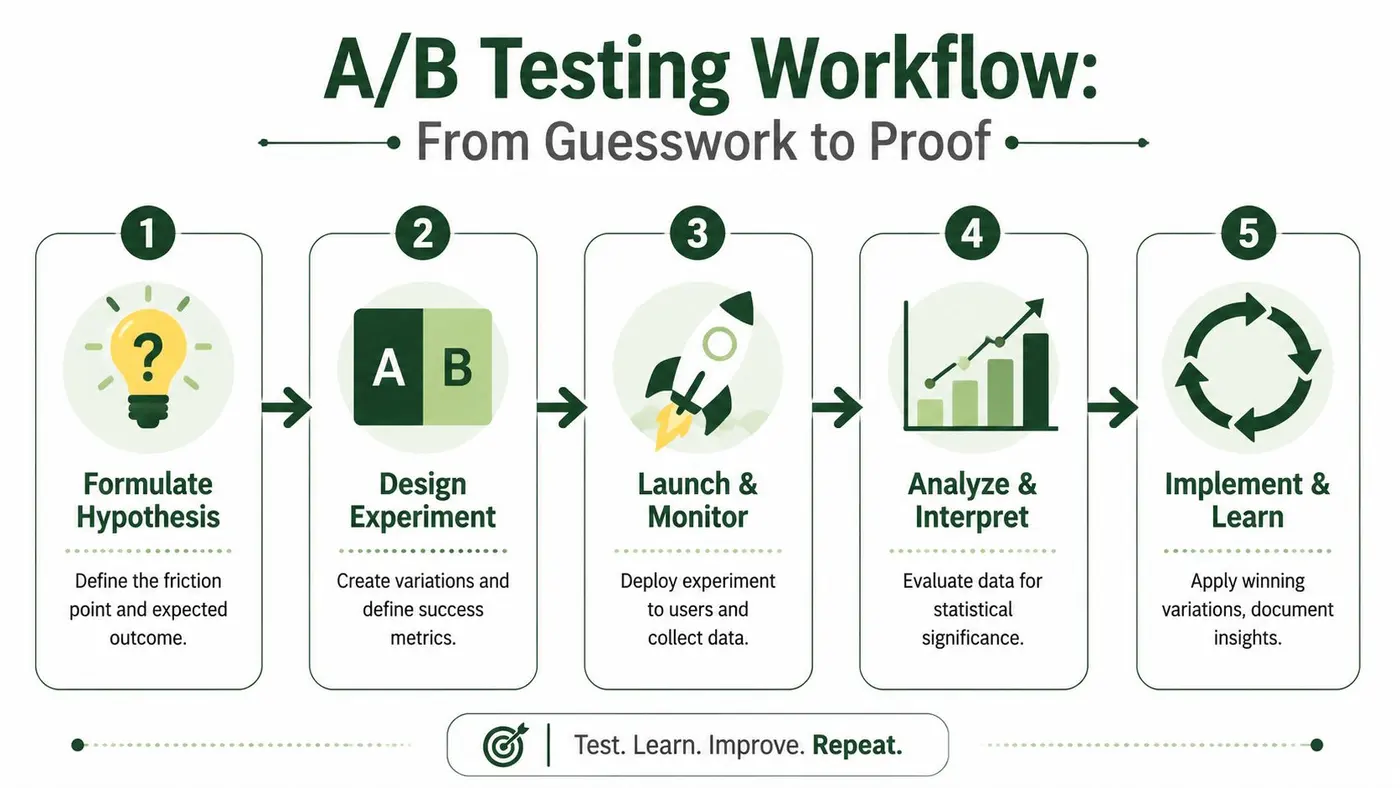 A five-step flowchart illustrating the A/B testing workflow process from hypothesis formulation to implementation and learning.