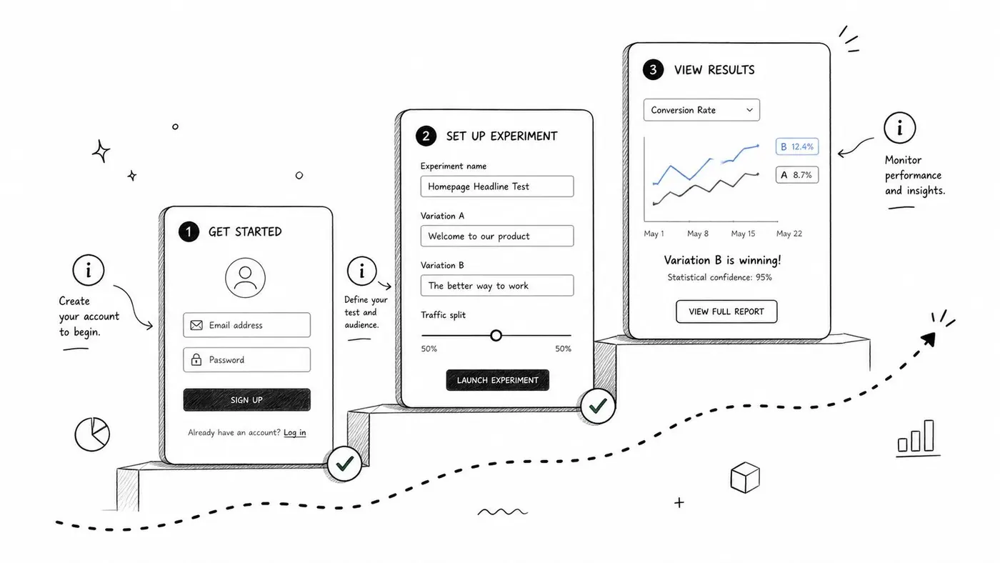 A hand-drawn illustration depicting a three-step user onboarding process for setting up and monitoring website experiments.