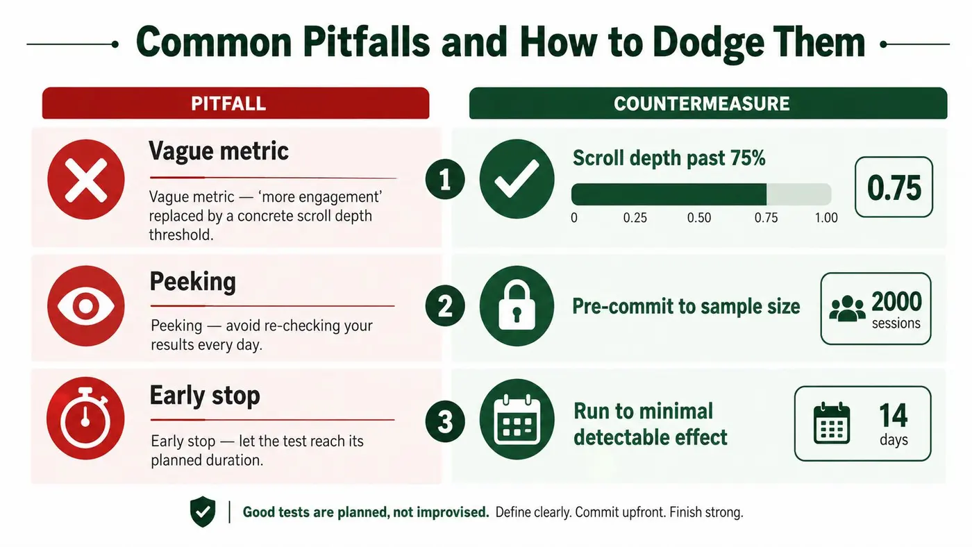 An infographic titled Common Pitfalls and How to Dodge Them, listing three A/B testing mistakes and their solutions.