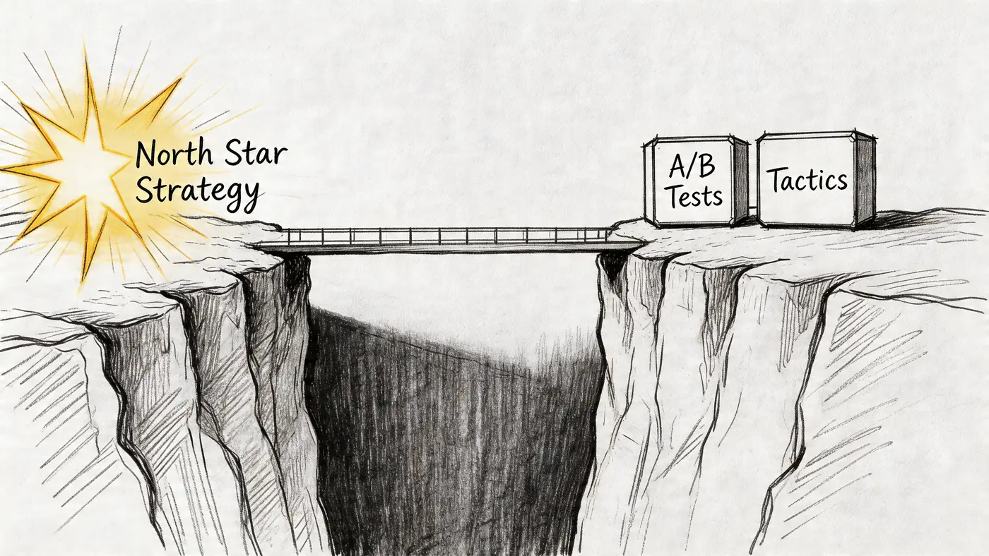 A bridge connects North Star Strategy with A/B Tests and Tactics across a deep, wide canyon.
