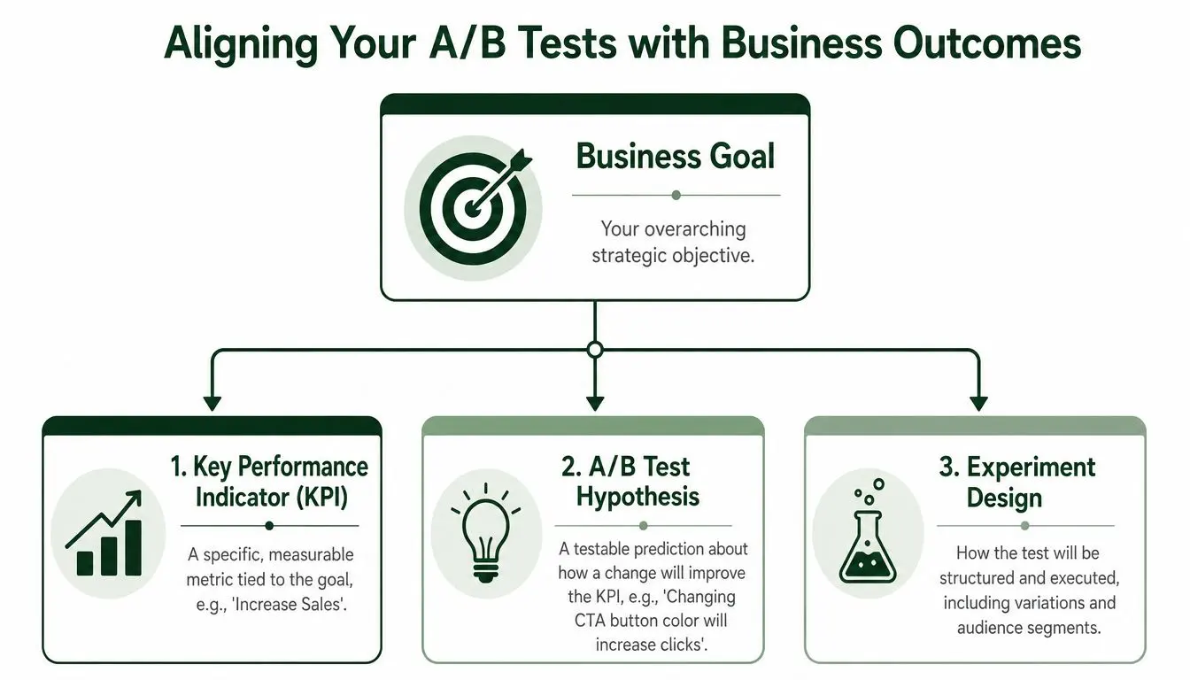 A diagram illustrating the process of aligning A/B tests with overarching business goals and performance metrics.