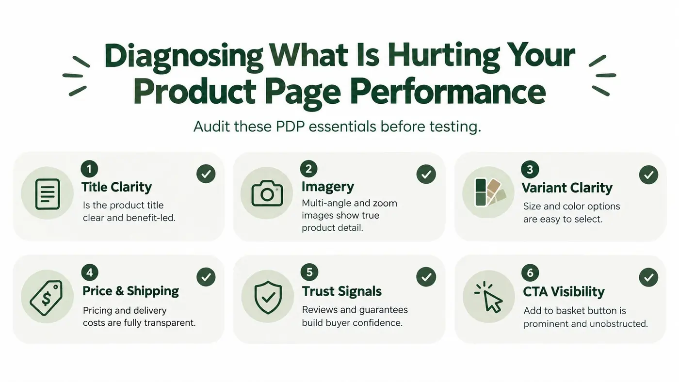 An infographic titled Diagnosing What Is Hurting Your Product Page Performance listing six key e-commerce audit essentials.