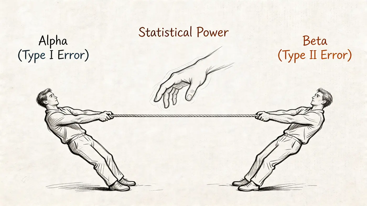 A conceptual illustration of two people tug-of-war representing the trade-off between alpha and beta statistical errors.