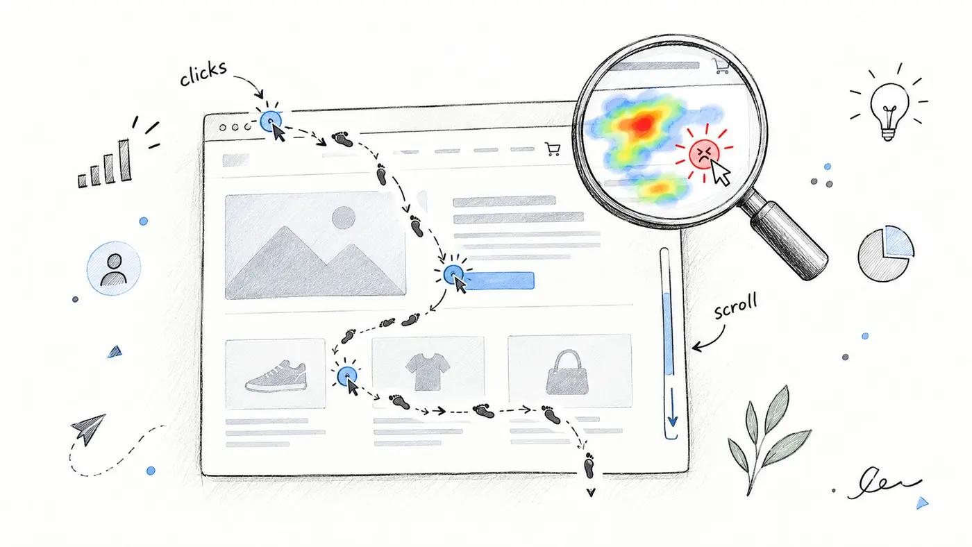 A hand-drawn illustration showing user behavior tracking on a website, including clicks, scroll paths, and heatmaps.