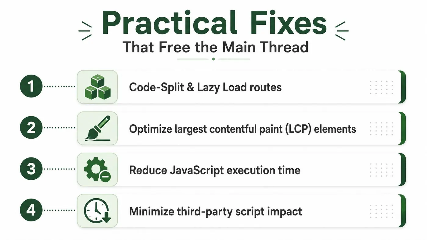 A list of four practical development techniques for optimizing and freeing the browser main thread for performance.