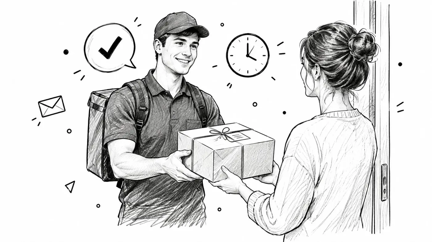 A delivery person handing a package to a customer at their doorstep, representing efficient service.