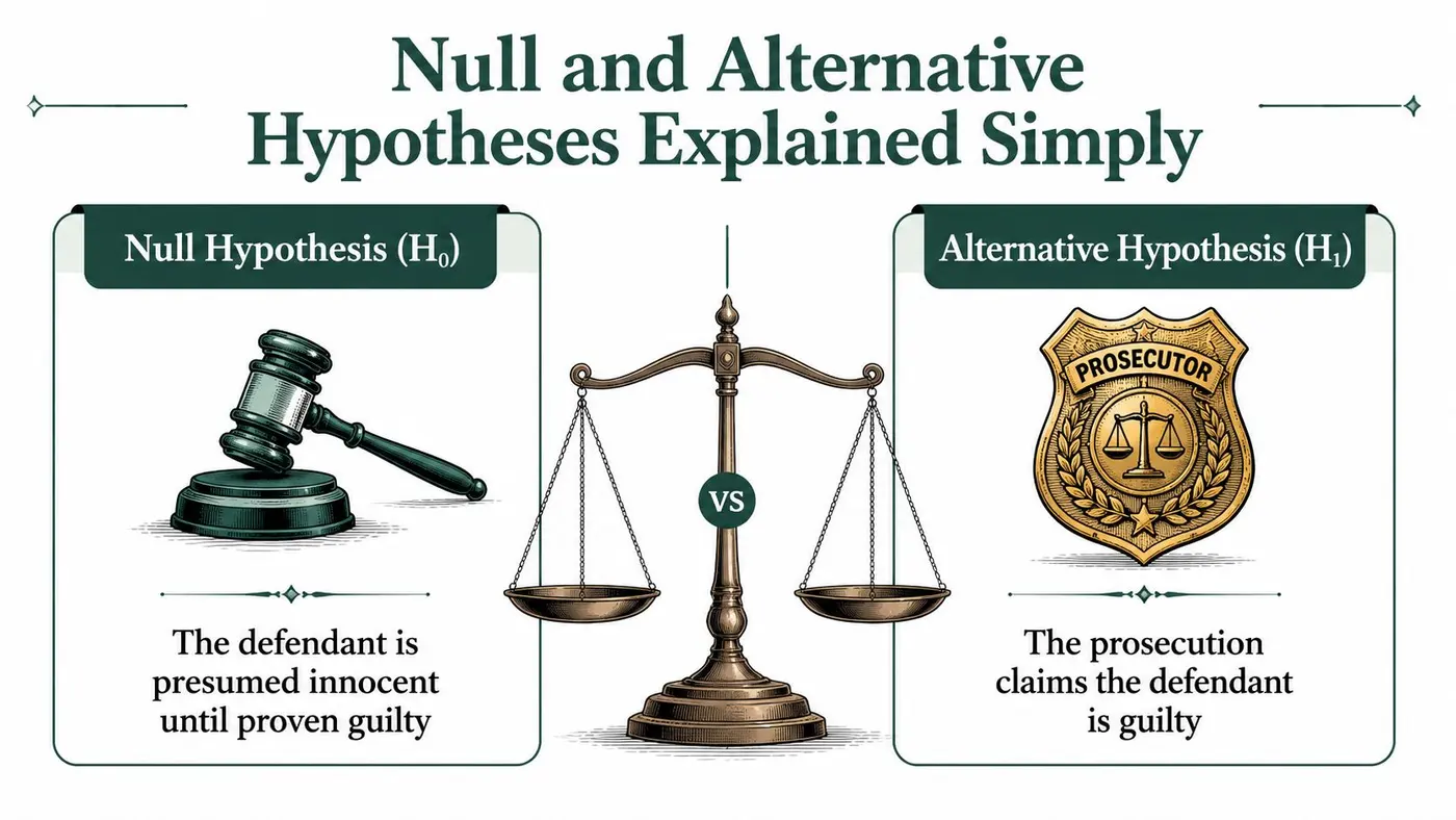 A visual explanation of null and alternative hypotheses using the legal analogy of a trial.