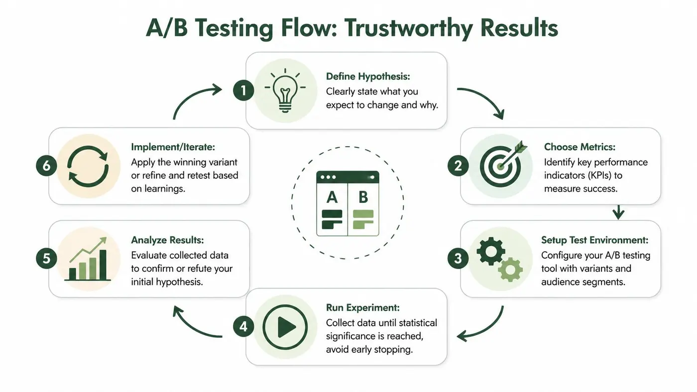 A circular flowchart illustrating the six steps of an A/B testing process for achieving trustworthy results.