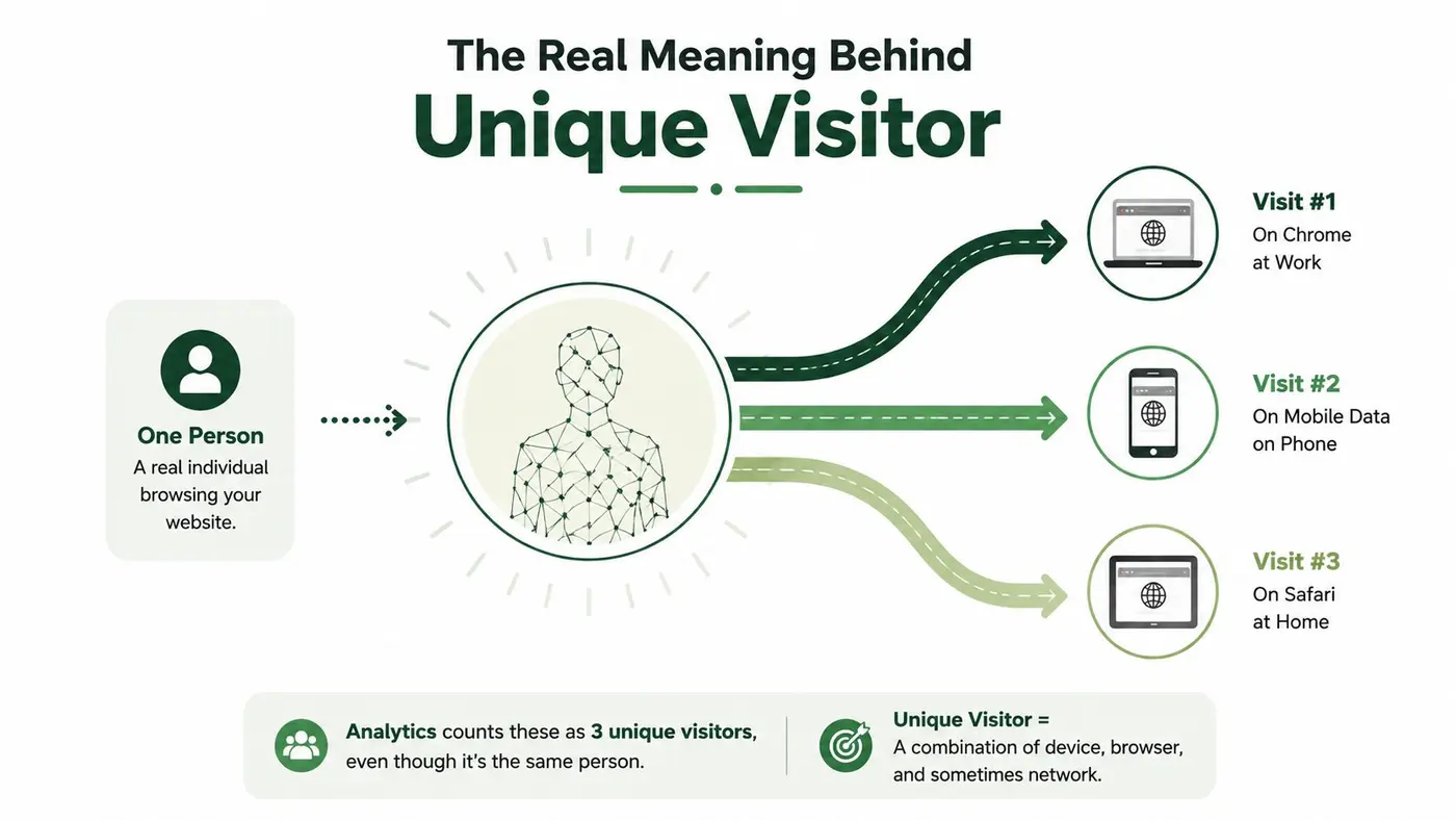 An infographic explaining that analytics tools track one person using multiple devices as three unique visitors.
