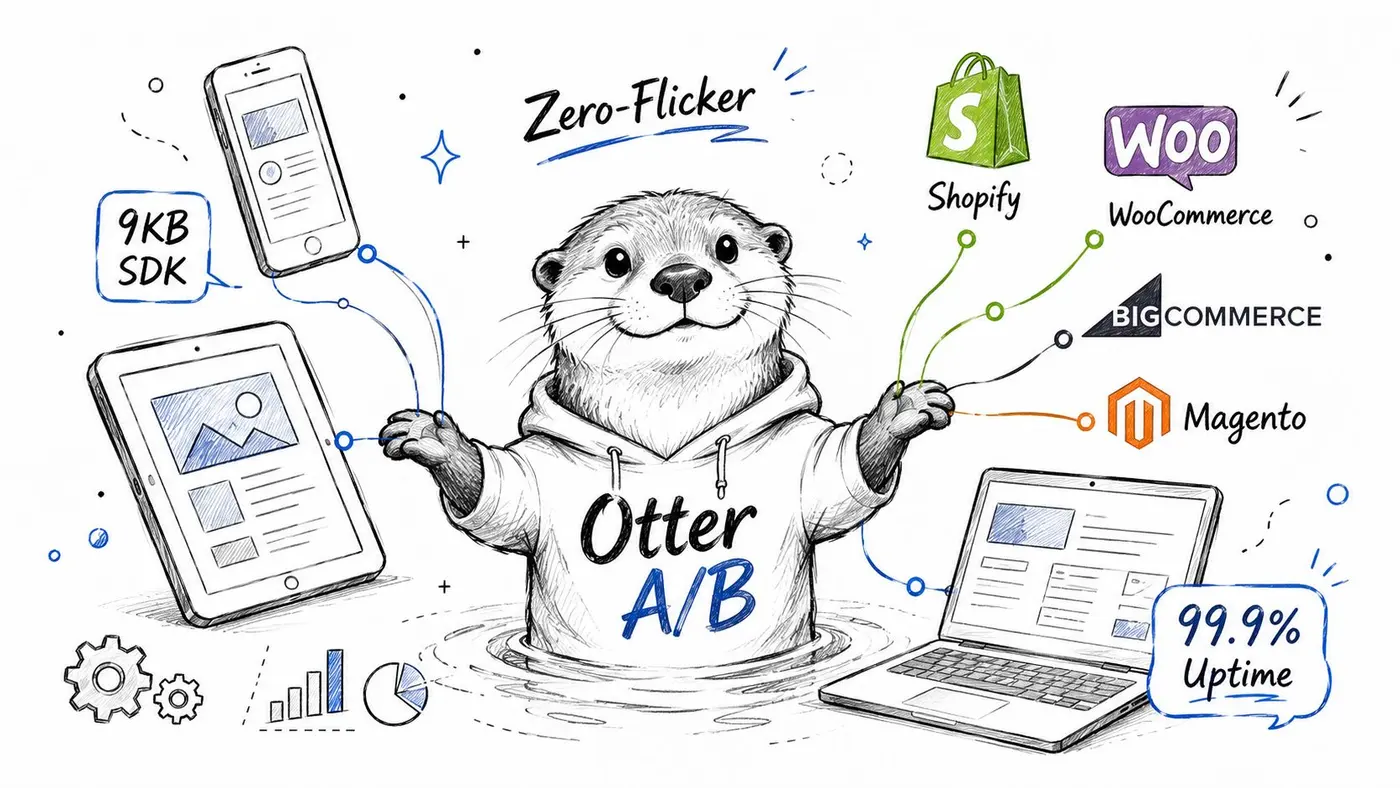 An adorable otter illustration showcasing A/B testing compatibility across mobile, tablet, and various e-commerce platforms.