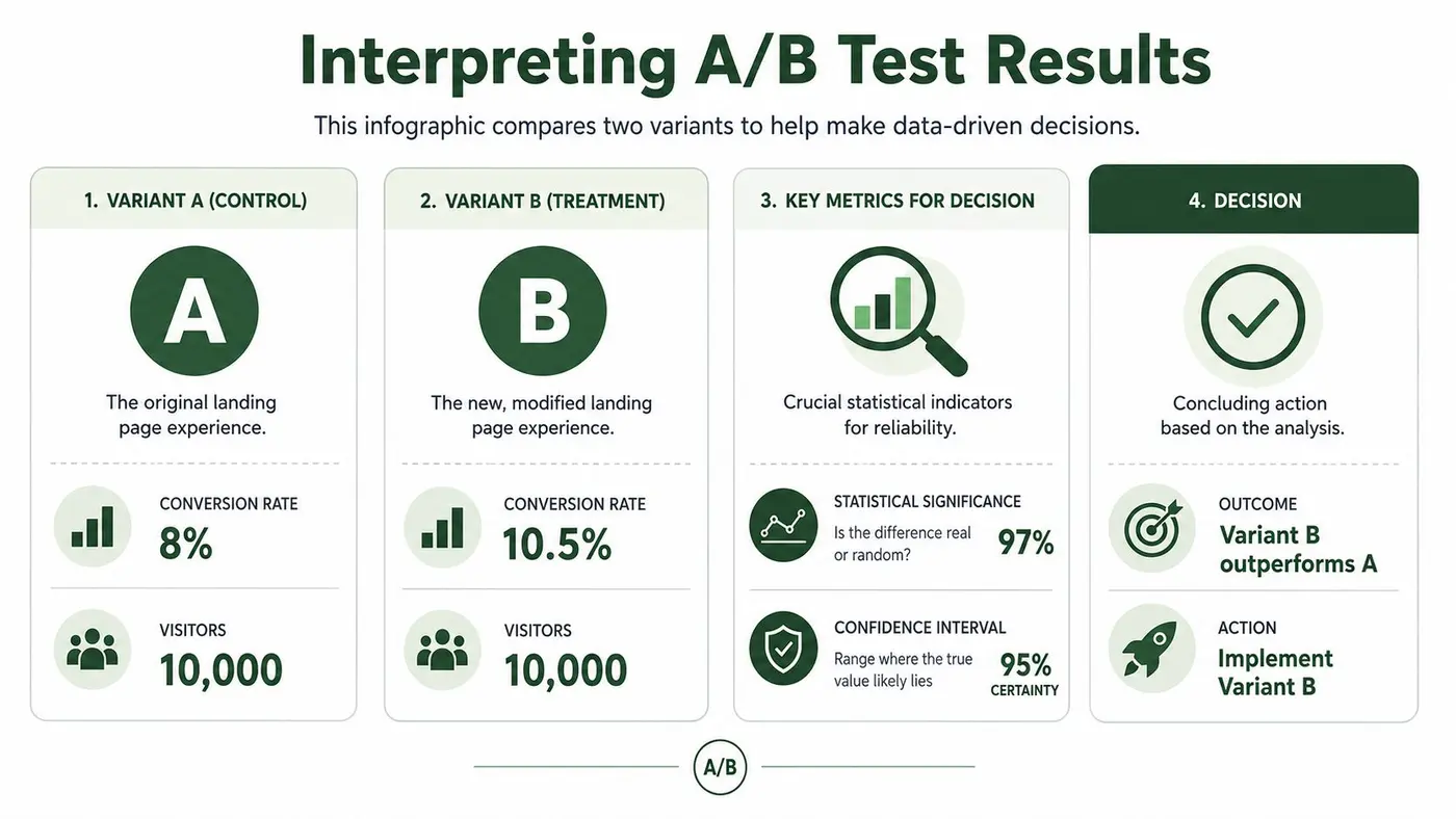 An infographic illustrating the A/B testing process, comparing visitor conversion rates between a control and variant page.
