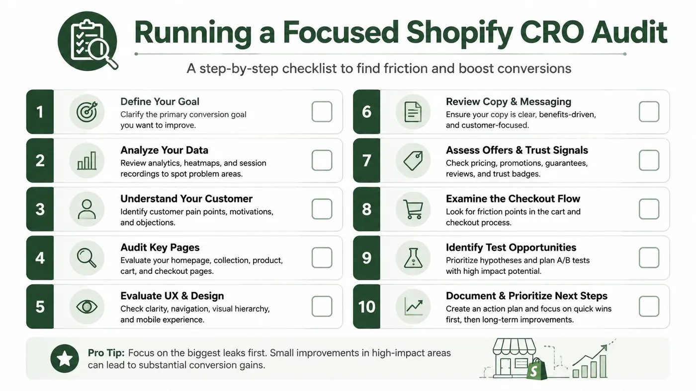 A ten-step checklist infographic for conducting a focused Shopify conversion rate optimization audit to boost sales.