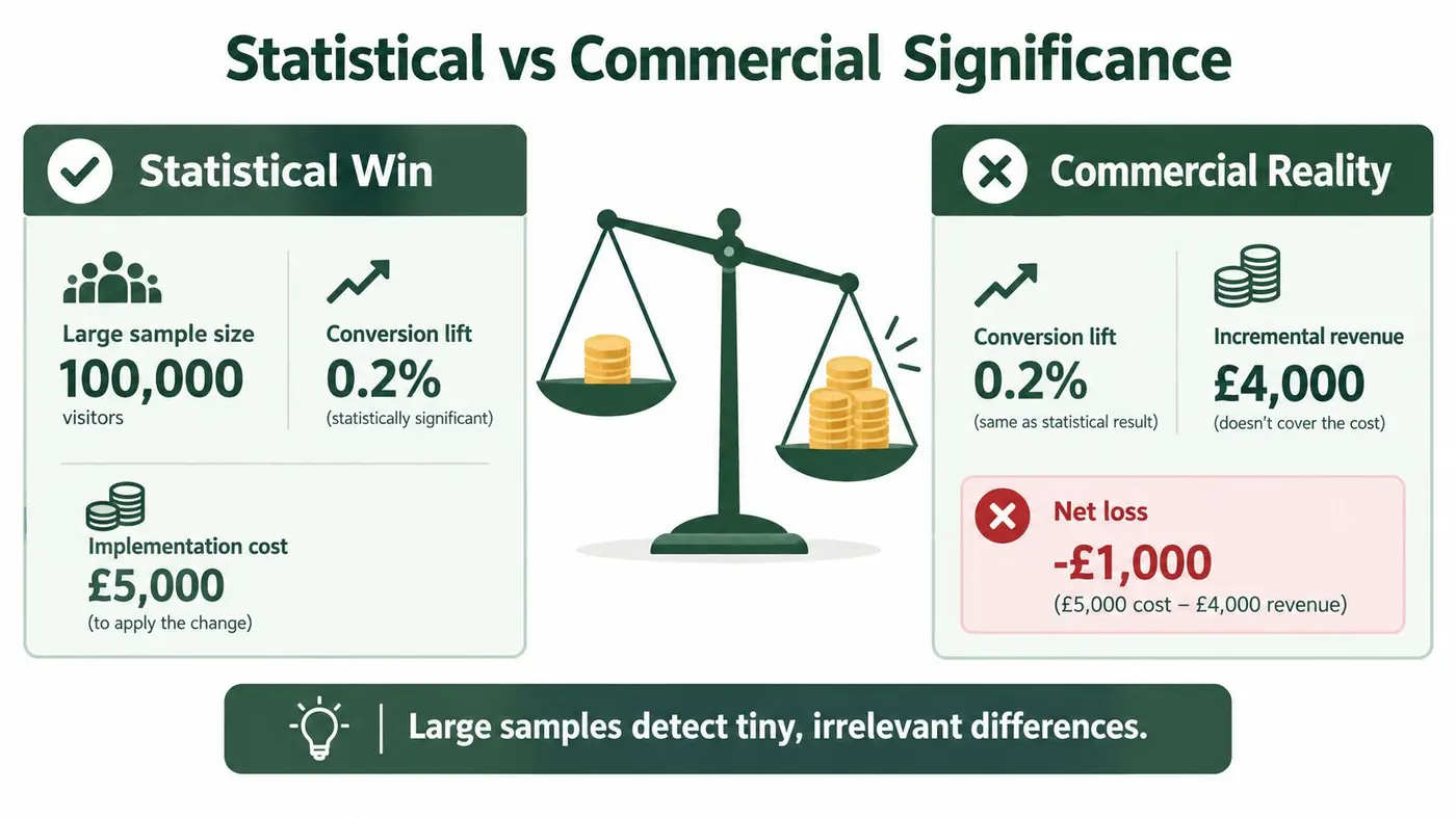 A chart comparing statistical versus commercial significance, showing that large sample sizes can yield unprofitable results.